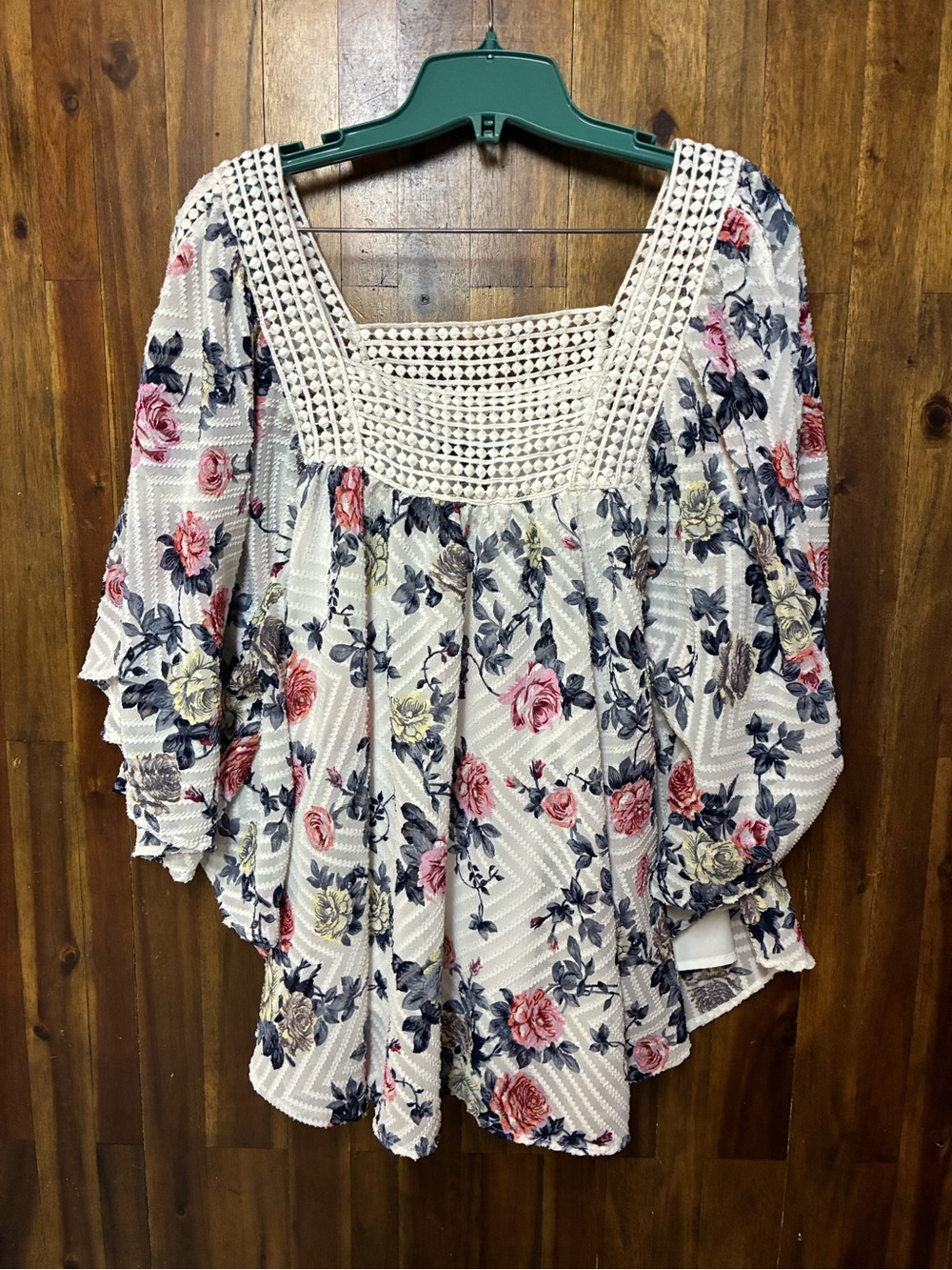 Chelsea & Theodore Floral Crochet Peasant Top - White with Pink & Blue (L)